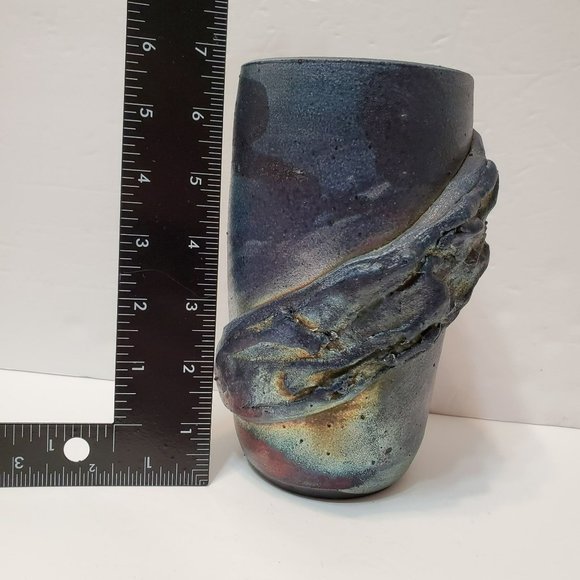 Iridescent Metallic Raku Pottery Vase, Signed - Picture 10 of 11